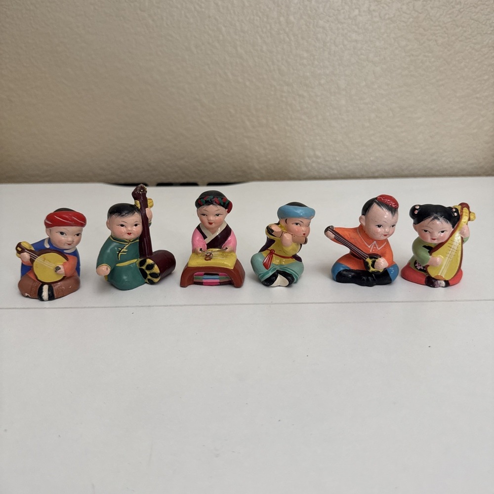 6 Piece Chinese Chalkware Band Trinket Set Hand Painted Great Detail Vintage
